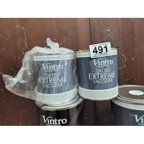 491 - 5x litre tins of paint plus 2 tins of lacquer all by Vintro.