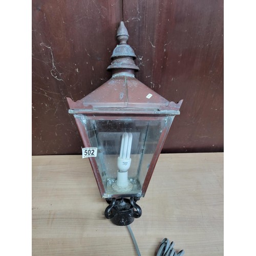 502 - Large electric copper lantern for the porch with heavy duty cable in good order height 56cm