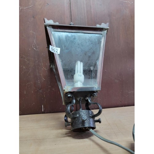 502 - Large electric copper lantern for the porch with heavy duty cable in good order height 56cm