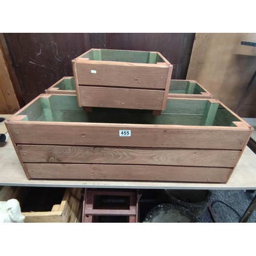 455 - 2x large wooden hand made locally made planters along with a smaller planter, all have been treated ... 