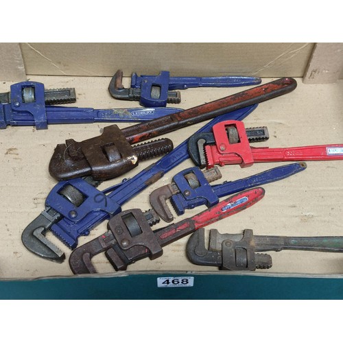 468 - Box containing 3x large Stilson wrenches, 3x smaller wrenches and 5x miniature wrenches