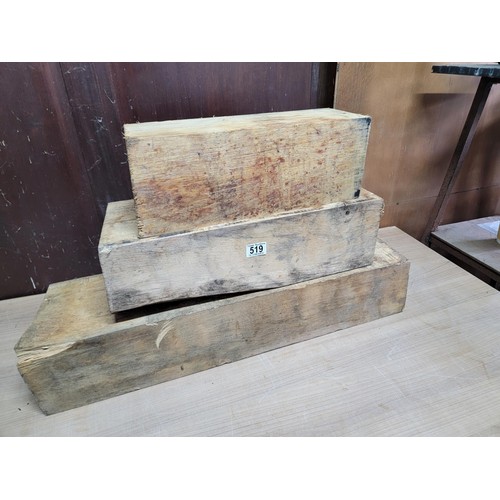 519 - 3x large pieces of wood taken from an original oak beam largest measures 77cm high,