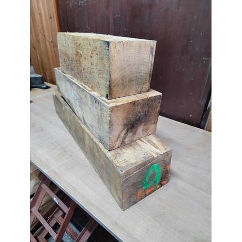 519 - 3x large pieces of wood taken from an original oak beam largest measures 77cm high,