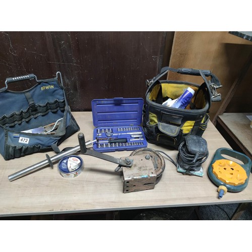 472 - 1x Stanley tool bag containing tools and accessories to include electric sander, heavy duty winch et... 