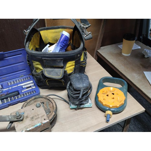 472 - 1x Stanley tool bag containing tools and accessories to include electric sander, heavy duty winch et... 