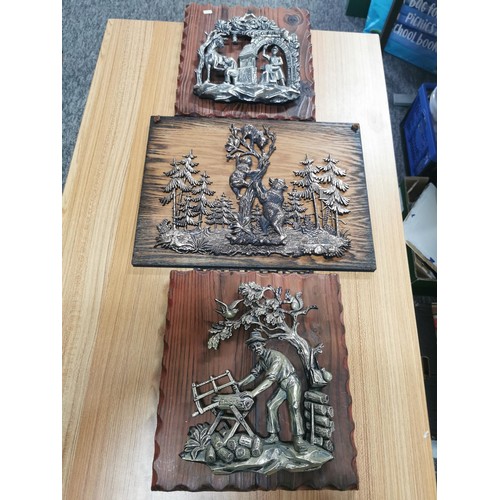 127 - 3x wooden black forest plaques with silver coloured 3D images inc woodman, bears climbing a tree, Bl... 