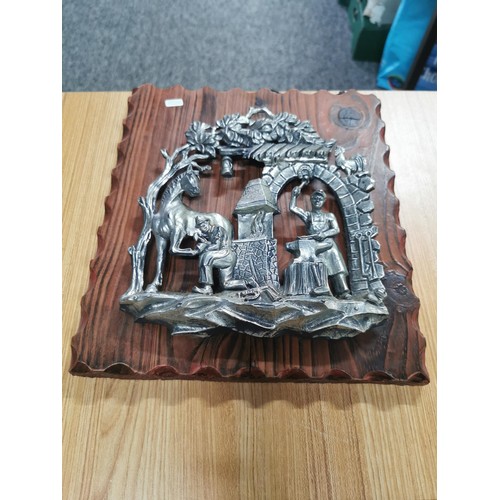 127 - 3x wooden black forest plaques with silver coloured 3D images inc woodman, bears climbing a tree, Bl... 