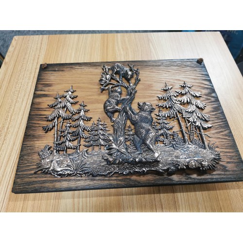 127 - 3x wooden black forest plaques with silver coloured 3D images inc woodman, bears climbing a tree, Bl... 