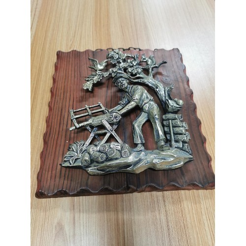 127 - 3x wooden black forest plaques with silver coloured 3D images inc woodman, bears climbing a tree, Bl... 