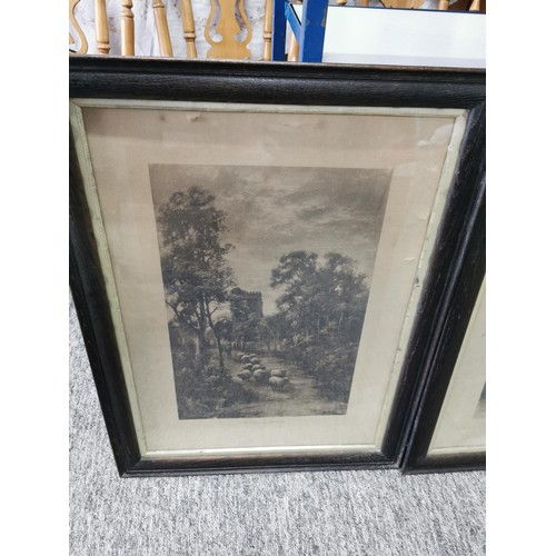 135 - 2x framed and glazed engravings inc The Village Church and The Close of Day, both printed by Felix R... 