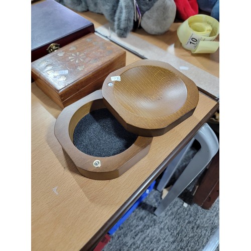 9 - Quantity of wooden treen items including good quality trinket boxes, solid burr quil box, pair of wo... 