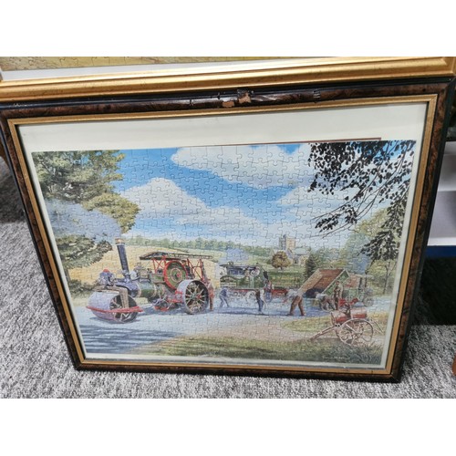 144 - 4x framed and glazed jigsaw puzzles that have been completed to make pictures inc 3x farm scenes, an... 