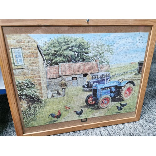 144 - 4x framed and glazed jigsaw puzzles that have been completed to make pictures inc 3x farm scenes, an... 