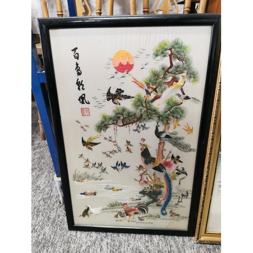 146 - Good quality signed oriental framed and glazed silk picture depicting a golden pheasant and other bi... 