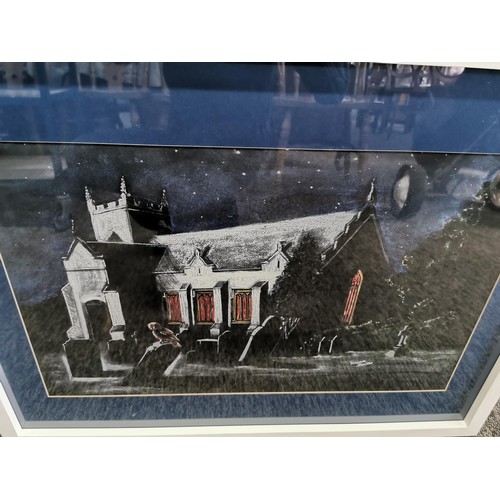 148 - Large framed and glazed Pastel drawing of Saint Peter's Church with an Owl on a gravestone, original... 