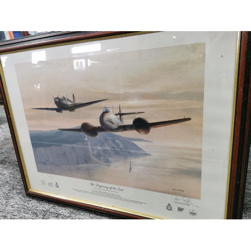 149 - Large framed and glazed print of a Gloster Meteor and a Supermarine Spitfire, titled 'The Beginning ... 