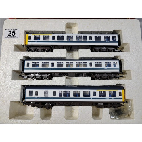 25 - Boxed Hornby R377 BR 3x car Diesel Class 110 white and blue DMU train pack, all of the cars appear a... 