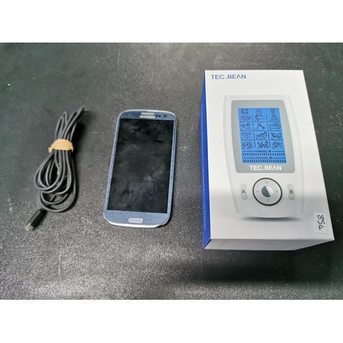 154 - Samsung S3 phone factory reset with power cable along with a boxed Tec.Bean  tens machine