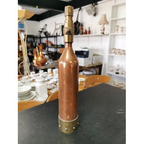 163 - An antique copper and brass fire extinguisher stamped E4 in excellent condition, stands at 45cm high... 