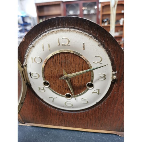 171 - 2x Westminster chime oak mantel clocks, 1 pendulum driven the other platform escapement. 1 comes wit... 