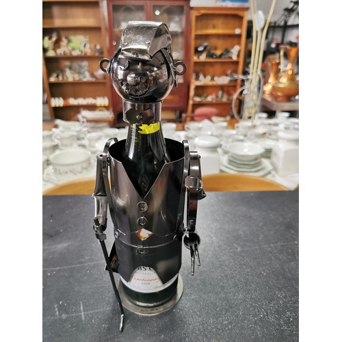 192 - wine bottle holder and wine bottle opener along with a metal steam punk swinging fruit basket