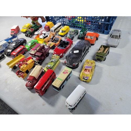 56 - Blue crate full of various vintage diecast model cars and vehicals with various brands inc matchbox,... 