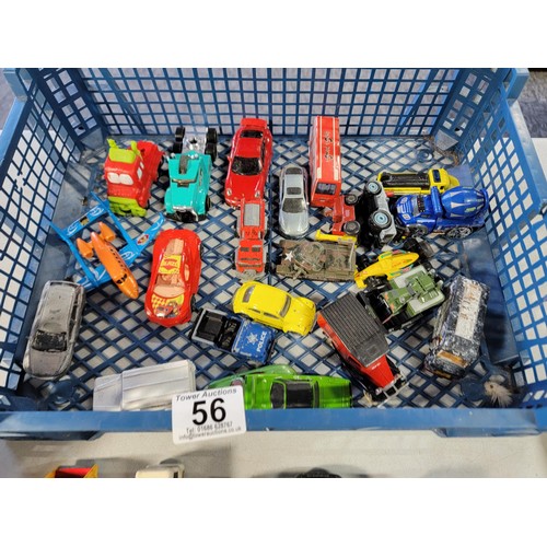 56 - Blue crate full of various vintage diecast model cars and vehicals with various brands inc matchbox,... 