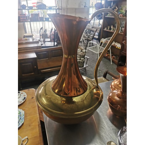 537 - Quantity of copper and chrome items inc 3x graduated copper and brass jugs tallest standing at 44cm,... 