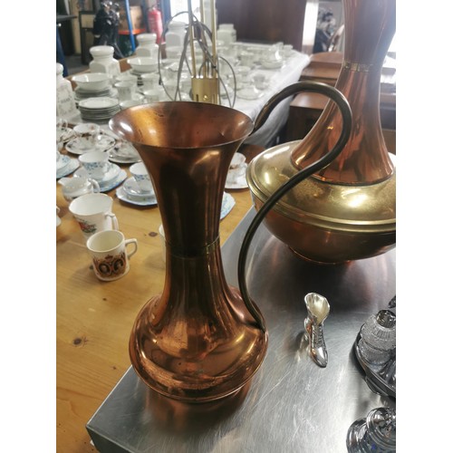 537 - Quantity of copper and chrome items inc 3x graduated copper and brass jugs tallest standing at 44cm,... 