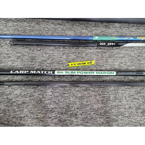 2 - Leeda Carp Match 6m slim Power Margin rod with elastic rating 20 along with a Shakespeare Spear Lite... 