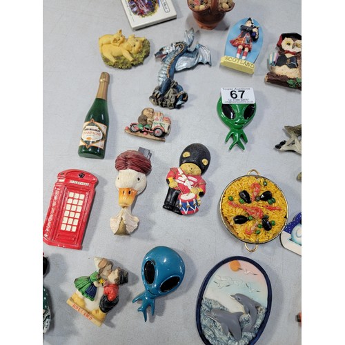 67 - Large collection of various novelty magnets inc British red telephone, Scotland, dragon formed magne... 