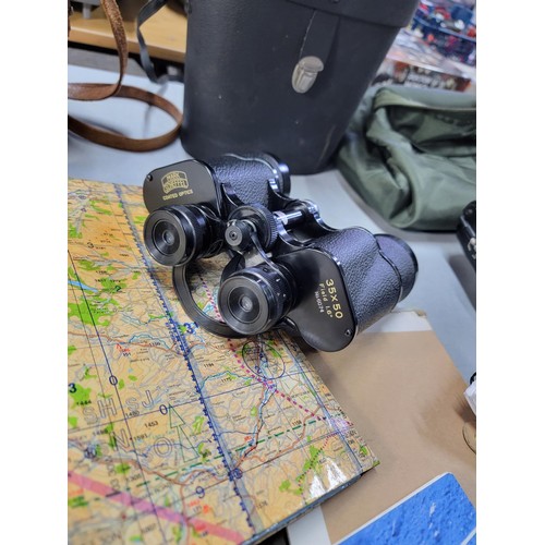 68 - 2x pairs of cased binoculars along with a bag full of various maps and ephemera relating to an RAF p... 