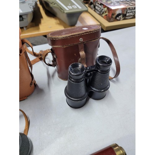 69 - 2x pairs of vintage cased binoculars along with an antique 4 drawer brass telescope, the binoculars ... 