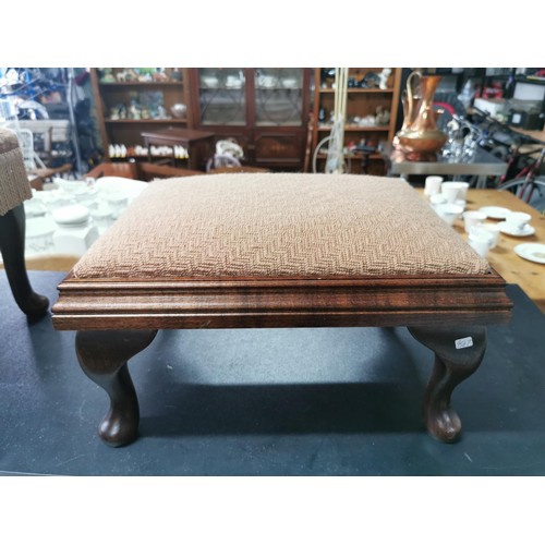 564 - A pair of upholstered stools with wooden cabriole legs. Both in the same fabric in good condition