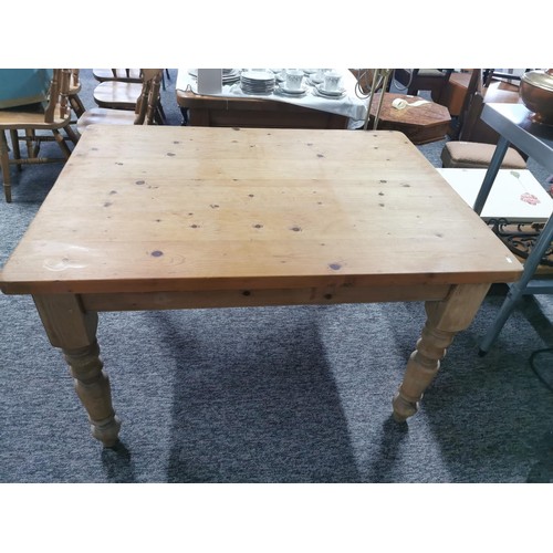 568 - Antique  solid pine farmhouse table on turned legs with great aged patina its 4' x 3', The table is ... 