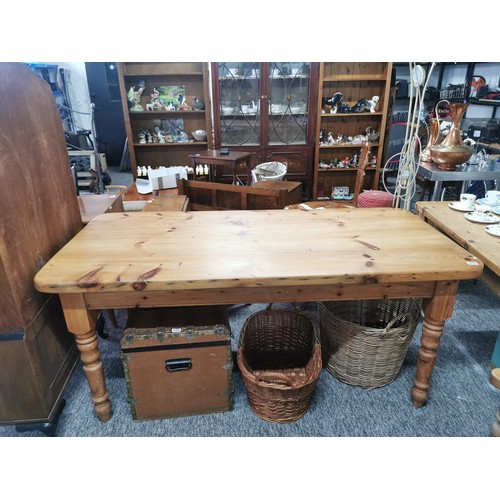 570 - Solid pine antique farmhouse table with turned legs and with great aged patina 6' x 3'