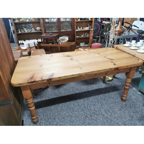 570 - Solid pine antique farmhouse table with turned legs and with great aged patina 6' x 3'