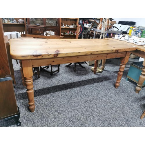 570 - Solid pine antique farmhouse table with turned legs and with great aged patina 6' x 3'