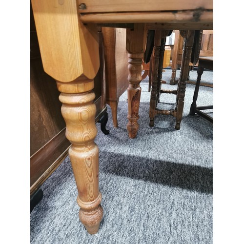 570 - Solid pine antique farmhouse table with turned legs and with great aged patina 6' x 3'