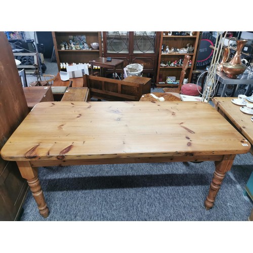 570 - Solid pine antique farmhouse table with turned legs and with great aged patina 6' x 3'