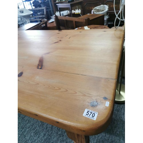 570 - Solid pine antique farmhouse table with turned legs and with great aged patina 6' x 3'