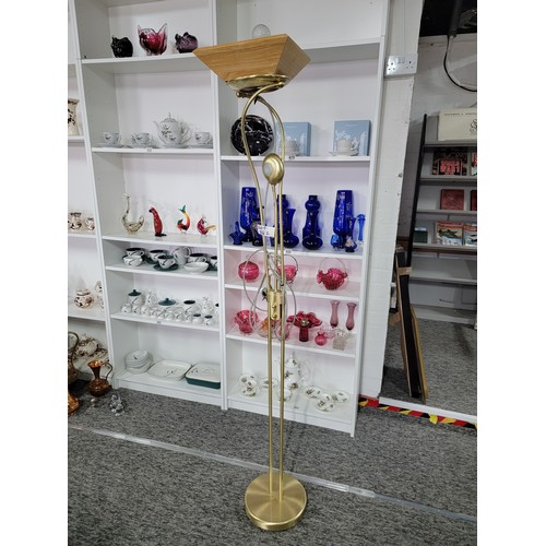 582 - Tall brush brass standard lamp with an uplighter design with a wooden shade complete with reading  l... 