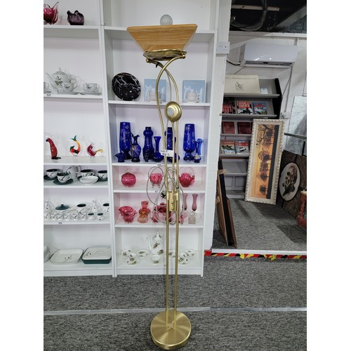 582 - Tall brush brass standard lamp with an uplighter design with a wooden shade complete with reading  l... 