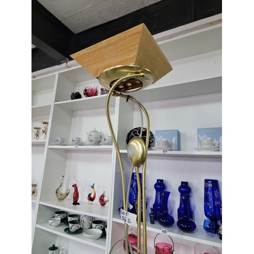 582 - Tall brush brass standard lamp with an uplighter design with a wooden shade complete with reading  l... 