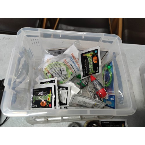 3 - Box full of various sea fishing tackle and sea fishing accessories inc. bait alarms, sealed lures, f... 