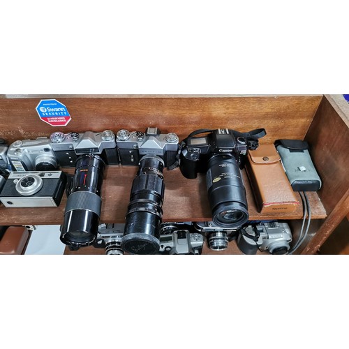 57 - A large quantity of various cameras to include SLR and digital cameras and a pair of binoculars. The... 