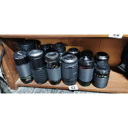 62 - A large quantity of camera lenses to include zoom and macro lenses, etc. Including Hanimex, Centon, ... 