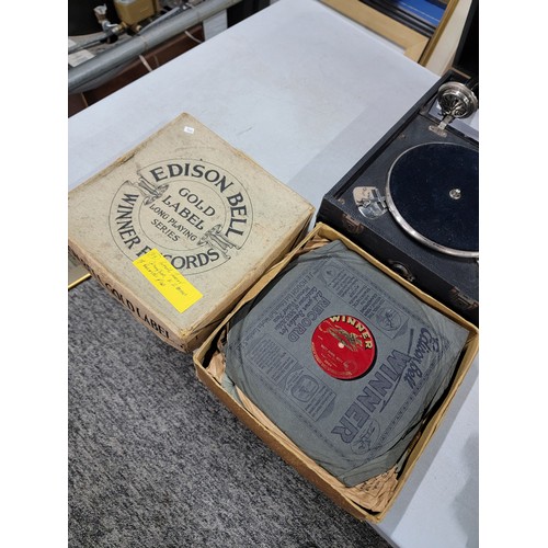 23 - Antique Decca Salon Junior table top wind up gramophone complete in working order with a large colle... 