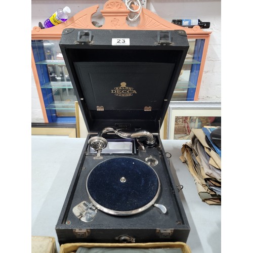 23 - Antique Decca Salon Junior table top wind up gramophone complete in working order with a large colle... 