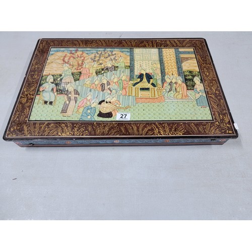 27 - Good quality hand painted Indian wooden lap tray with floral decoration to the sides and religious s... 